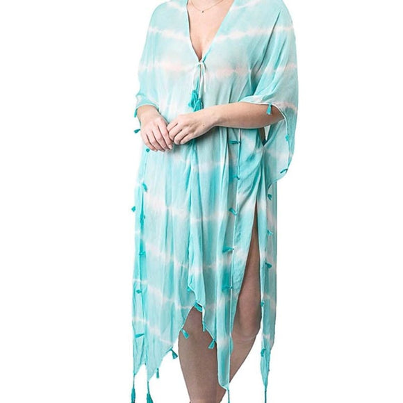 Boho Tie Dye Lightweight Tassel Cover Up Kimono Wrap Turquoise White