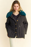 Fluffy Cable Knit Button Front Cardigan with Fuzzy Collar Charcoal Green
