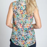 Multicolor Geometric Triangle Pop Print Button Up Sleeveless Blouse