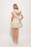 Short Sleeve Drawstring Hooded Mini Dress Almond
