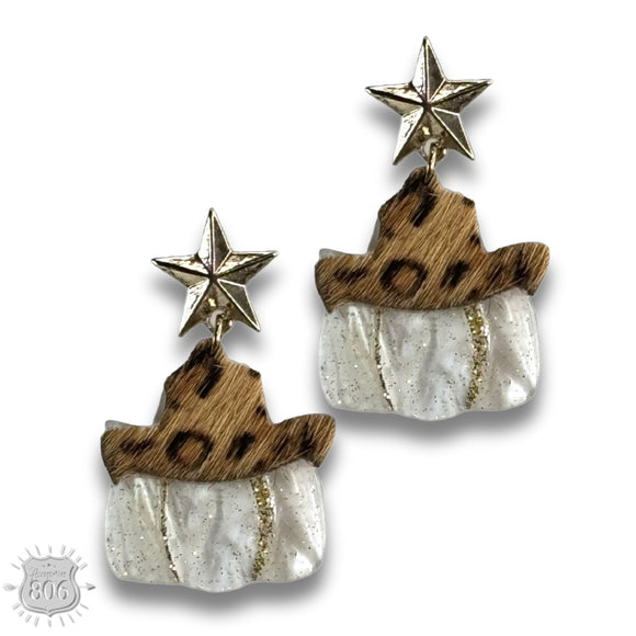 Western Hat Pumpkin Earrings Cow Print and Pearl White