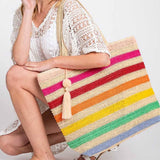 Pom Pom Tassel Rainbow Striped Straw Crochet Tote Bag in Pink