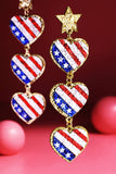 USA Flag Glitter Heart Dangle Earrings | 3-Tier Drop