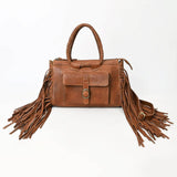 Tan Leather Fringe Braided Handles Western Satchel Purse Cowgirl Rodeo