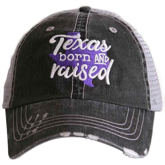 Purple Texas Born and Raised Embroidered Black Distressed Trucker Hat
