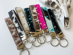 Western Hair On Cowhide Keychain: Acid Wash Turquoise