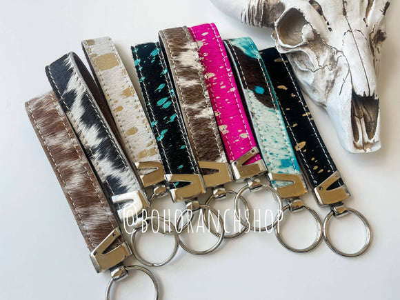 Western Hair On Cowhide Wristlet Keychain White with Gold Specks