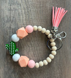 Cutey Cactus Wood and Silicone Tassel Beaded Wristlet Keychain Bag Charm