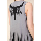 Open Front Draped Vest with Fringe Hem and Bullhead Print in Grey