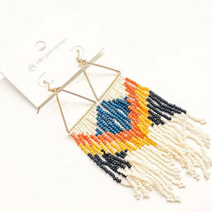 Fringe And Stripes Beaded Boho Earrings Blue Orange