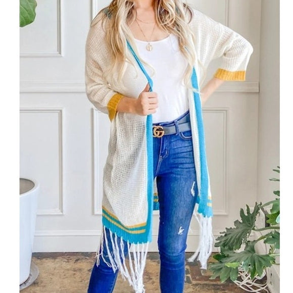 Lightweight Knit Hoodie Fringe Cardigan Turquoise Golden Yellow Stripe