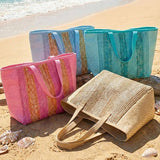 Nautical Stripe Paper Straw Tote Bag in Blue
