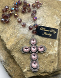 Pink Crystal Cross Charm Necklace | Rosary-Style Crystal Bead Chain | 18"