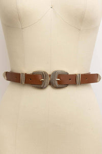 Double Buckle Vegan Leather Western Style Belt Camel Brown