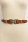 Double Buckle Vegan Leather Western Style Belt Camel Brown