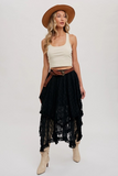 Boho Floral Lace Tier Midi Skirt Black