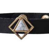 Triangle White Marble Stone Leather Wrap Bracelet Black