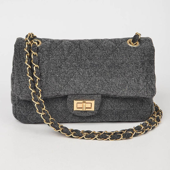 Quilted Denim Shoulder Bag Chain Strap Black