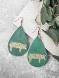Lightweight Teardrop Earrings Gold Glitter Pig Green Cork Backed