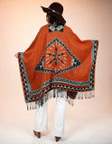 Southwest Western Aztec Border Ruana Wrap Shawl Rust