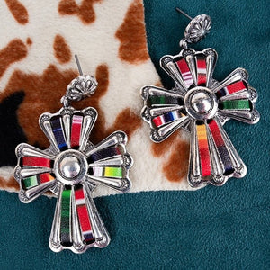 Multicolor Stitched Western Southwest Cross Earrings