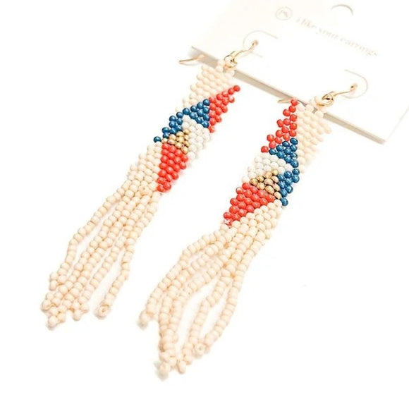 Fringe Color Block Beaded Boho Earrings Tan Blue Red
