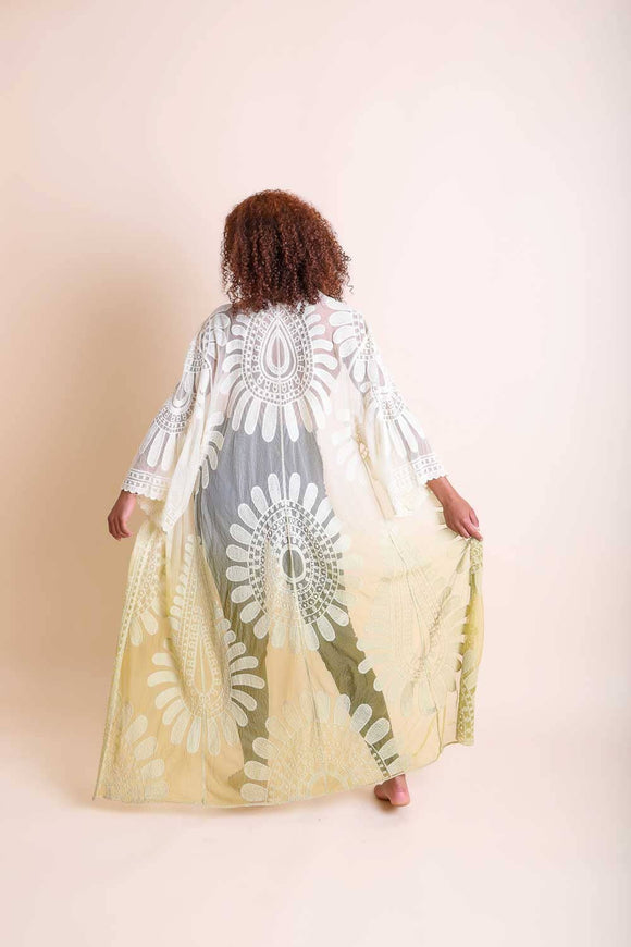 Yellow White Long Ombre Lace Kimono Cardigan