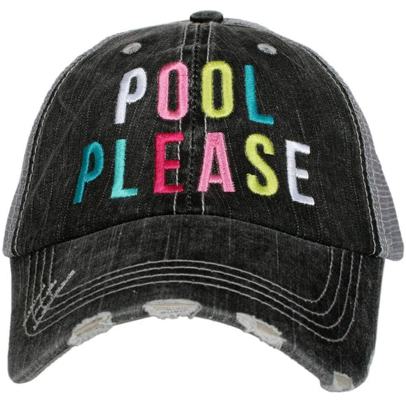 Embroidered Pool Please Dark Grey Distressed Denim Trucker Hat