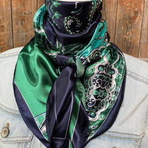 Blue Green Waves Printed Western Southwestern Wild Rag Scarf Accent