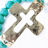 Gold Hammered Curve Cross Turquoise Color Natural Stone Beads Stretch Bracelet