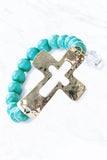 Gold Hammered Curve Cross Turquoise Color Natural Stone Beads Stretch Bracelet