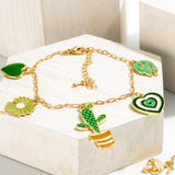 Western Enamel Charm Bracelet Green Gold Cactus Heart Daisy
