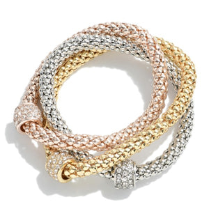 Metal Mesh Stretch Bracelets Crystal Accents Multi Colored Set of 3