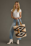 Cream Black Tan Western Tote Bag - Aztec Cotton Tote with Pom Tassel 17"