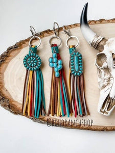 Western Turquoise Brown Tassel Fringe Keychain Round Turquoise Concho