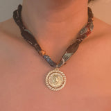 Luxe Print Medallion Pendant Scarf Necklace | Black