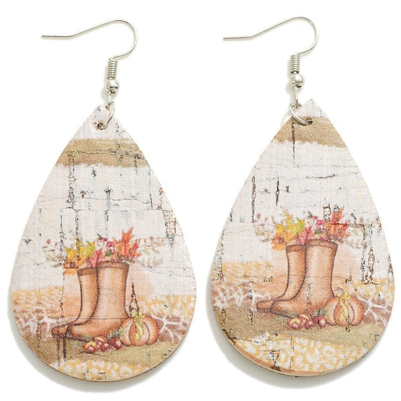 Fall Themed Cork Drop Earrings Leaves in Boots