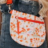 Orange Floral Quilted Puffer Sling Belt Crossbody Bag