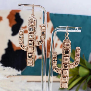 Worn Goldtone Cube Bead Western Southwest Cactus Earrings