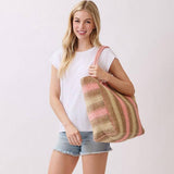 Natural Brown Multicolor Stripe Paper Straw Tote Bag in Pink