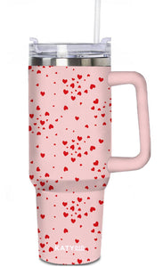 Mini Red Hearts All Over Printed Stainless Steel Tumbler 40 oz with Handle Pinks