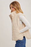 Button Down Quilted Puffer Vest with Pockets Creamy Beige