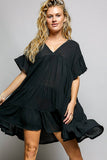 V-Neck Ruffle Shirring Cotton Dress | Short Sleeve Everyday Dress