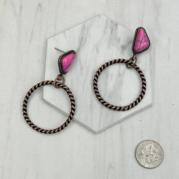 Copper Metal Circle with Hot Pink Stone Dangle Earrings