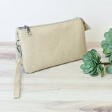 Kayla Vegan Leather Double Zip Clutch Wristlet Crossbody Bone