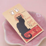 Chat Noir Fine Art Cat Stud Earrings | Silver Tone | Art Card Gift