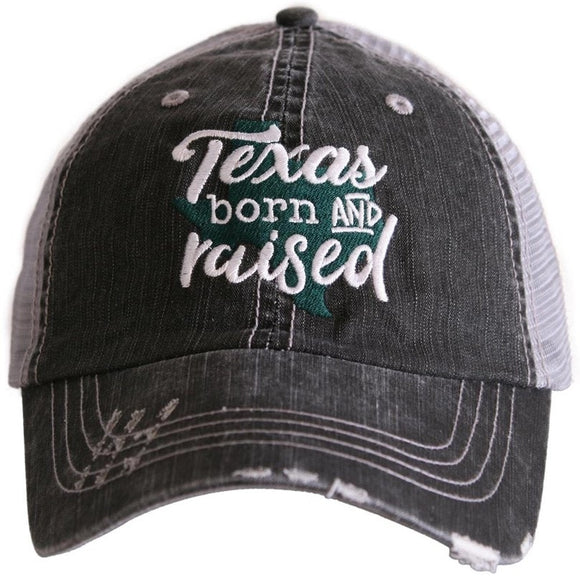 Green Texas Born and Raised Embroidered Black Distressed Trucker Hat
