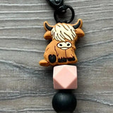 Western Country Highland Cow Silicone Beaded Keychain Bag Charm Brown