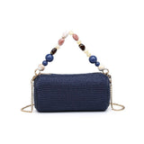 Rachel Woven Barrel Clutch | Navy with Beaded Handle & Chain Strap