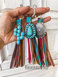 Western Turquoise Brown Tassel Fringe Keychain Round Turquoise Concho